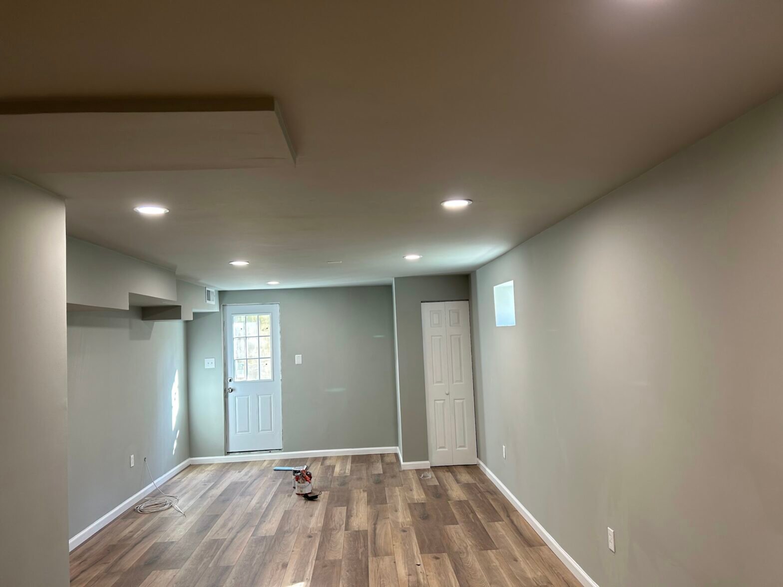 Finished basement room with plank flooring, gray paint and a door leading outside